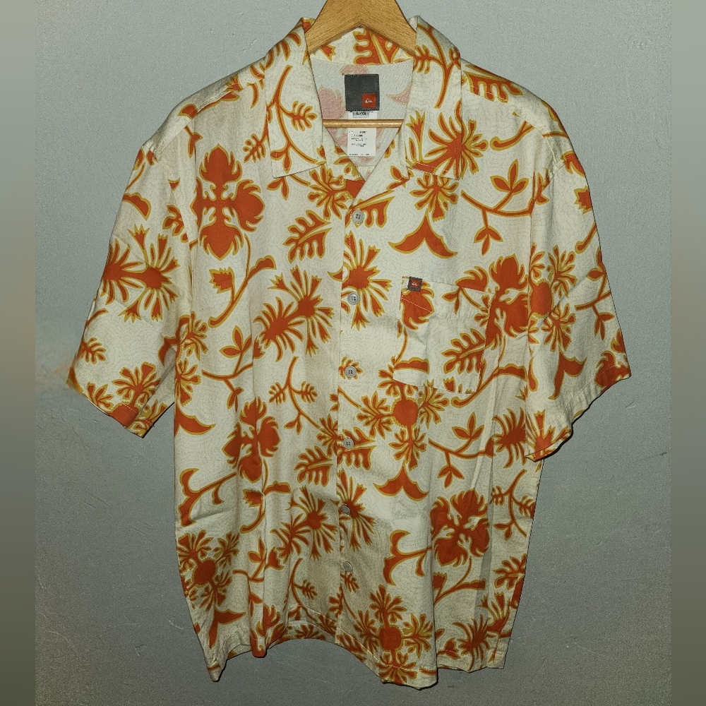 NOS Quicksilver Cotton Vintage Orange Floral Tropical Button Shirt